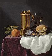 simon luttichuys Tankard with Oysters, Bread and an Orange resting on a Draped Ledge Sweden oil painting artist